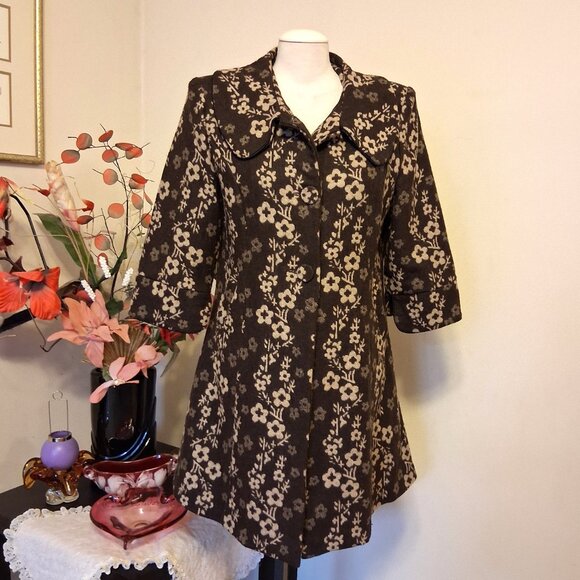 NEW Women’s Elegant Pea Coat Brown Cream Floral Lined Trench Coat ¾ Sleeve 12 L - Picture 3 of 10